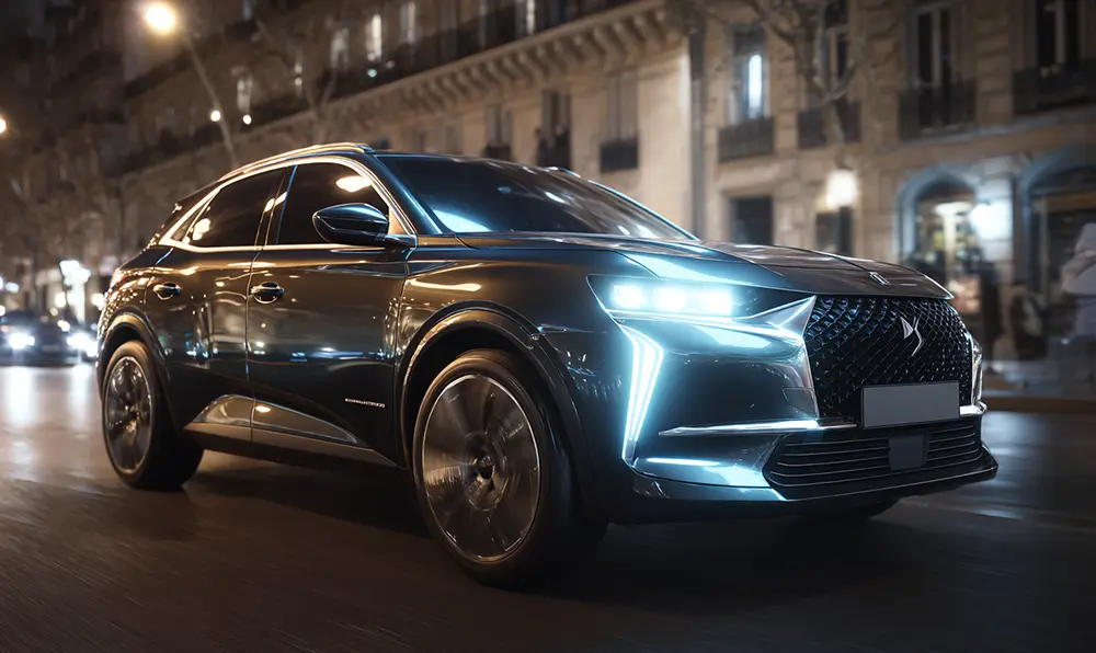 SUV DS 7 Crossback éclairé sur rue parisienne nuit