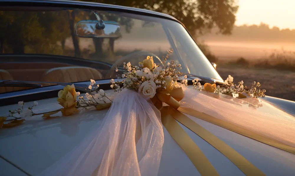 Décoration élégante sur voiture de mariage avec rubans dorés et fleurs blanches