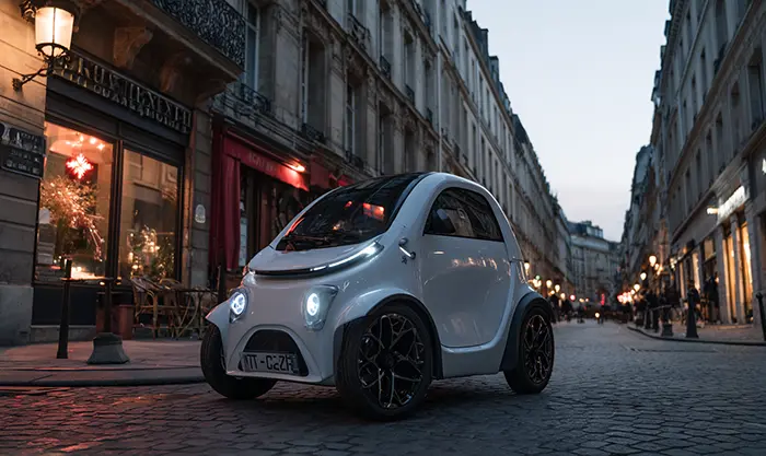 Petite voiture électrique low‑cost inspirée de Kwid / Dacia Spring en milieu urbain
