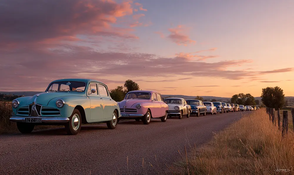 Alignement de voitures classiques des années 60 au bord de la route, ambiance vintage