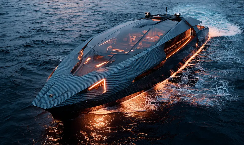 Tecnomar Lamborghini 63 sur les vagues, design angulaire en carbone