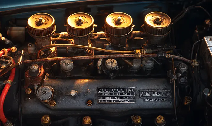 Vue rapprochée du moteur Cléon‑Fonte de la Renault 8, carburateurs visibles