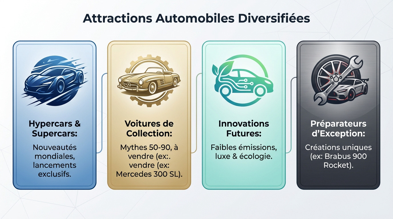 Vue d'ensemble des supercars et voitures de collection exposées au Salon Auto Monaco