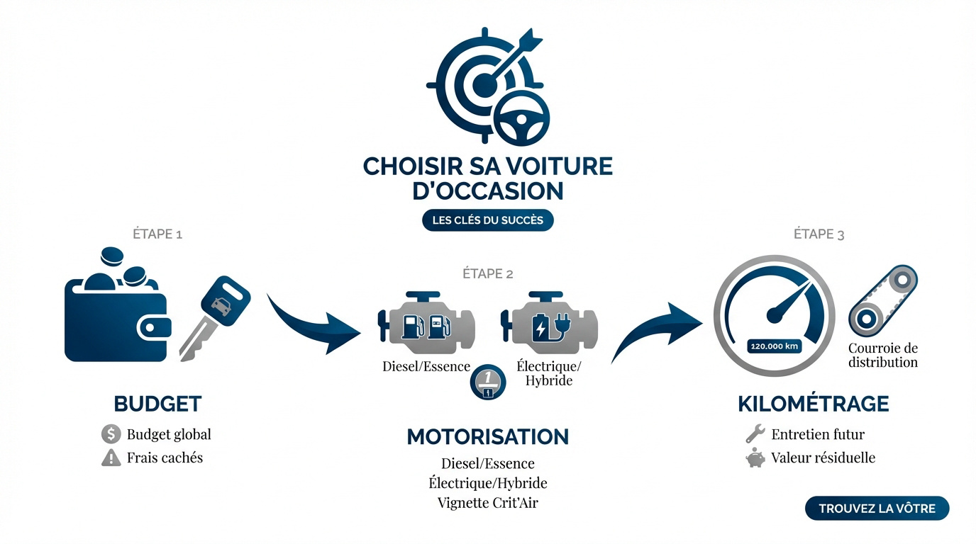 Infographie expliquant comment choisir sa voiture d'occasion en trois étapes clés
