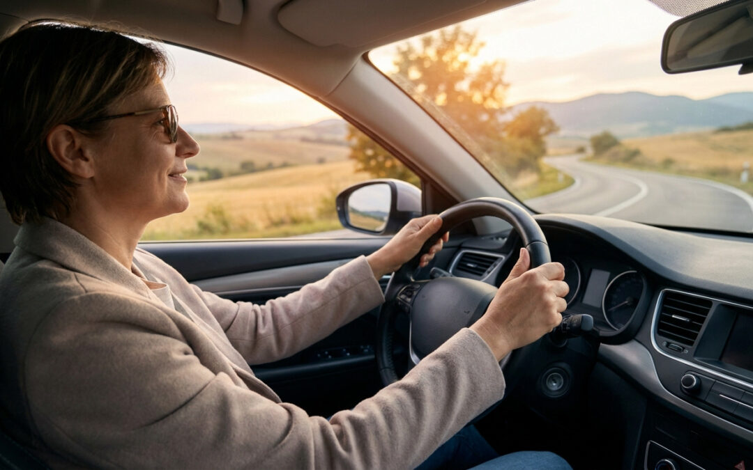 Femme au volant d'une voiture sur une route de campagne au coucher du soleil.