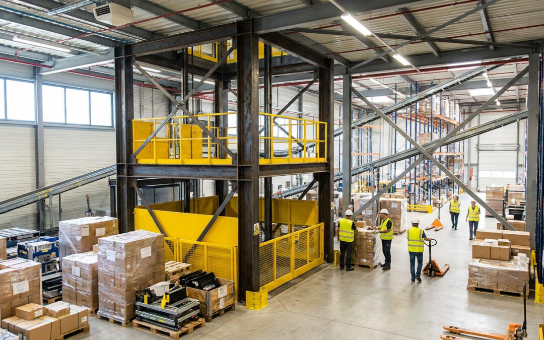 Monte-charge industriel jaune au centre d'un entrepôt avec des employés en gilets de sécurité manipulant des colis.