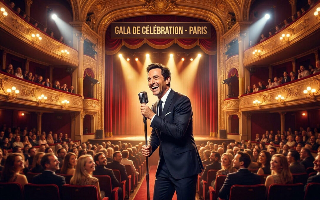 Un humoriste en costume sur scène, tenant un micro dans un théâtre parisien bondé sous les projecteurs.