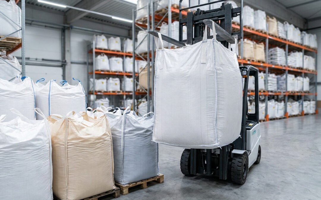 Un chariot élévateur transportant un big bag blanc dans un entrepôt industriel rempli de sacs de stockage sur des étagères.