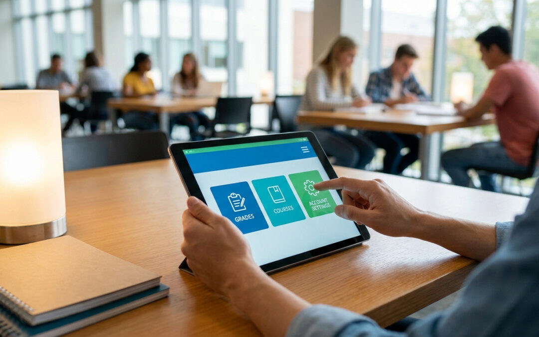 Un étudiant utilise une tablette tactile pour accéder aux paramètres de son compte sur une interface numérique.