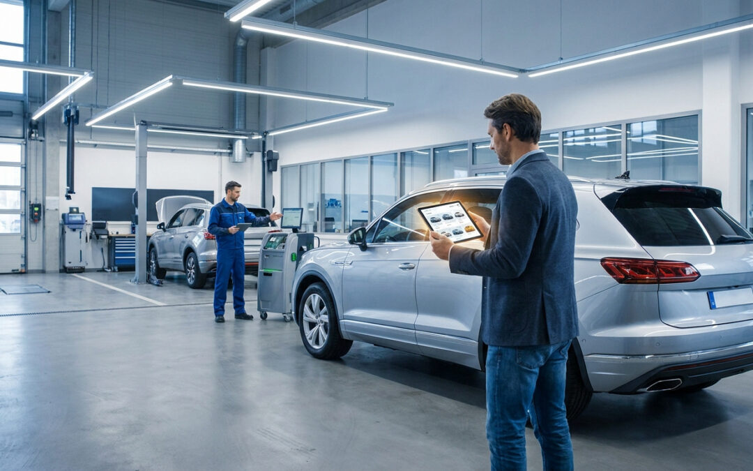 Un homme d'affaires avec une tablette et un mécanicien travaillant dans un garage automobile moderne.