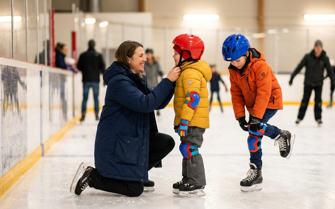 Une mère aide son enfant à ajuster son casque de protection à la patinoire pendant que son autre enfant vérifie ses genouillères.