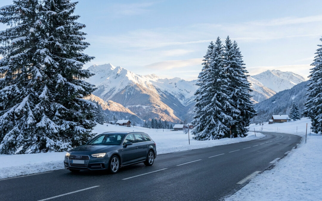 Une voiture grise roule sur une route asphaltée dégagée entourée de sapins enneigés sous un ciel d'hiver.