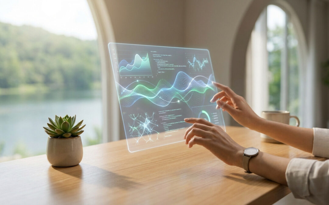 Mains manipulant des graphiques et données sur un écran holographique transparent dans un bureau lumineux.