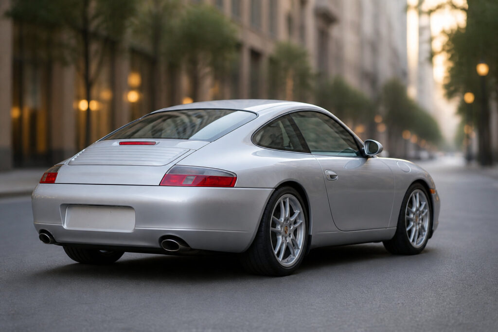 Une Porsche 996 argentée vue de l'arrière circulant dans une rue urbaine élégante au crépuscule.